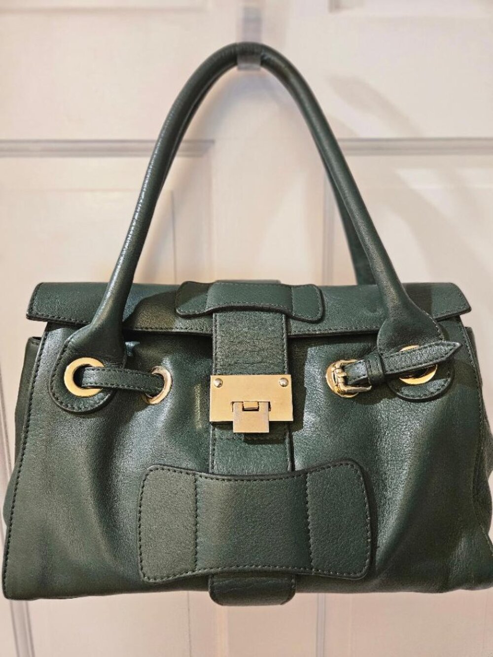 Alberta Di Canio double handle handbag, Italian leather, gold tome clasp, 9x13x6